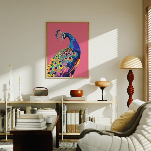 Peacock Wall Art Digital Download, Colorful Animal Instant Print, Pink Poster, - Picture 1 of 3